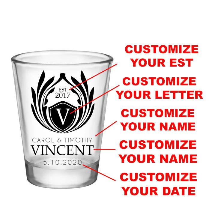 CUSTOMIZABLE Clear Wedding Shot Glass - Crest (Version 1) - 1.75oz - Image 2