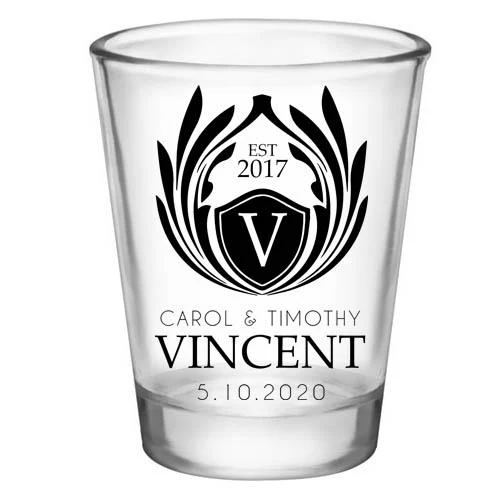 CUSTOMIZABLE Clear Wedding Shot Glass - Crest (Version 1) - 1.75oz - Image 3