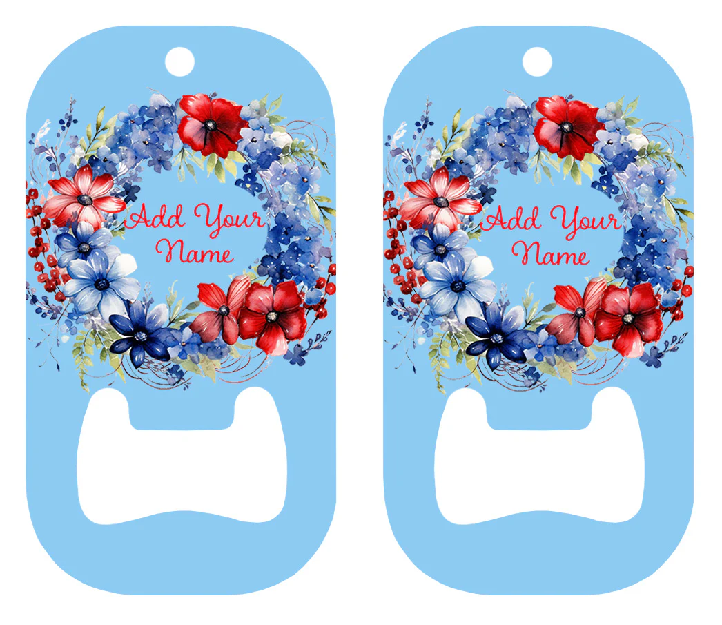 Customizable Dog Tag Bottle Opener - Add Your Name - Red White and Blue Flower