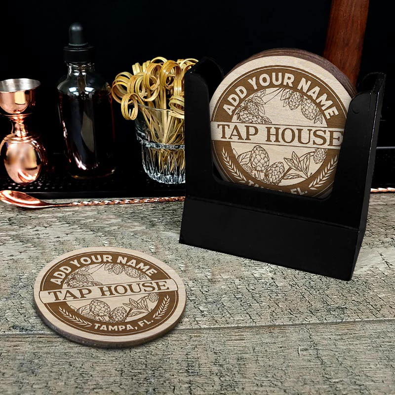 Customizable Engraved Wooden Coasters - Tap House Theme - Round - Set of 4 - Image 2