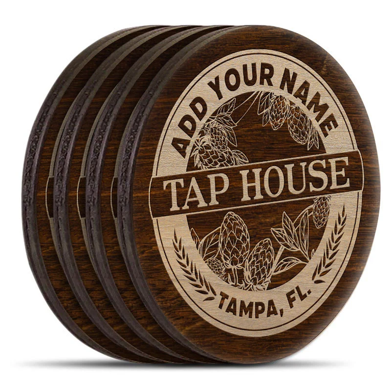 Customizable Engraved Wooden Coasters - Tap House Theme - Round - Set of 4 - Image 3