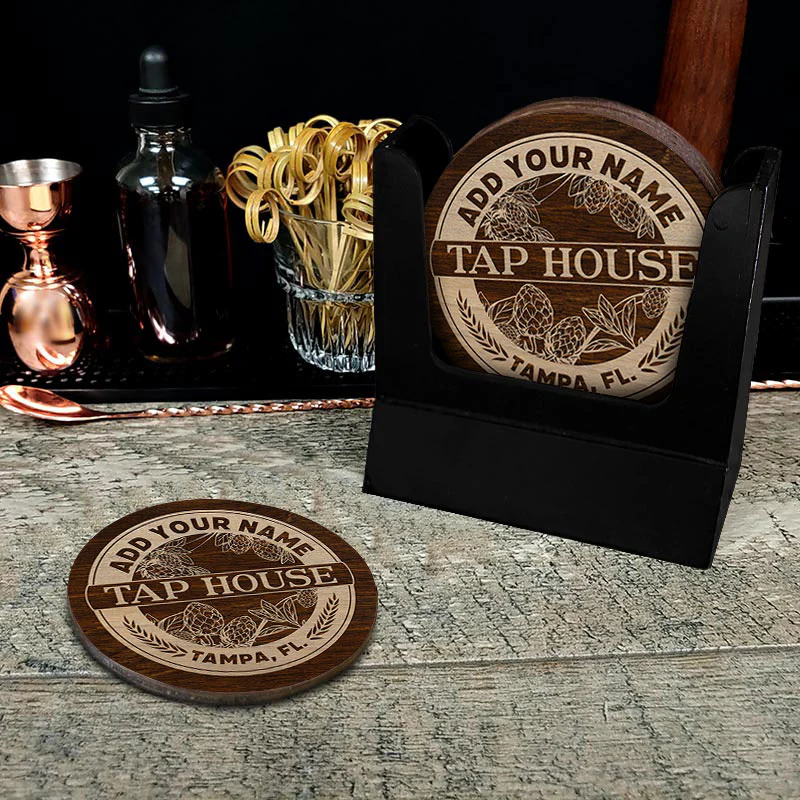 Customizable Engraved Wooden Coasters - Tap House Theme - Round - Set of 4 - Image 4