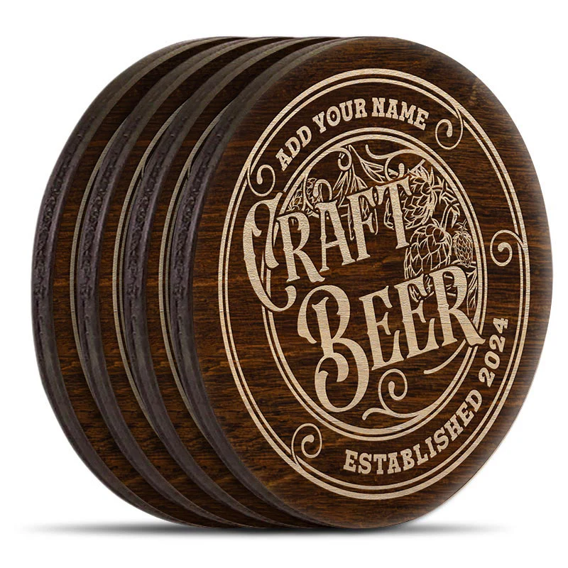 Customizable Engraved Wooden Coasters - Craft Beer Theme - Round - Set of 4 - Image 3