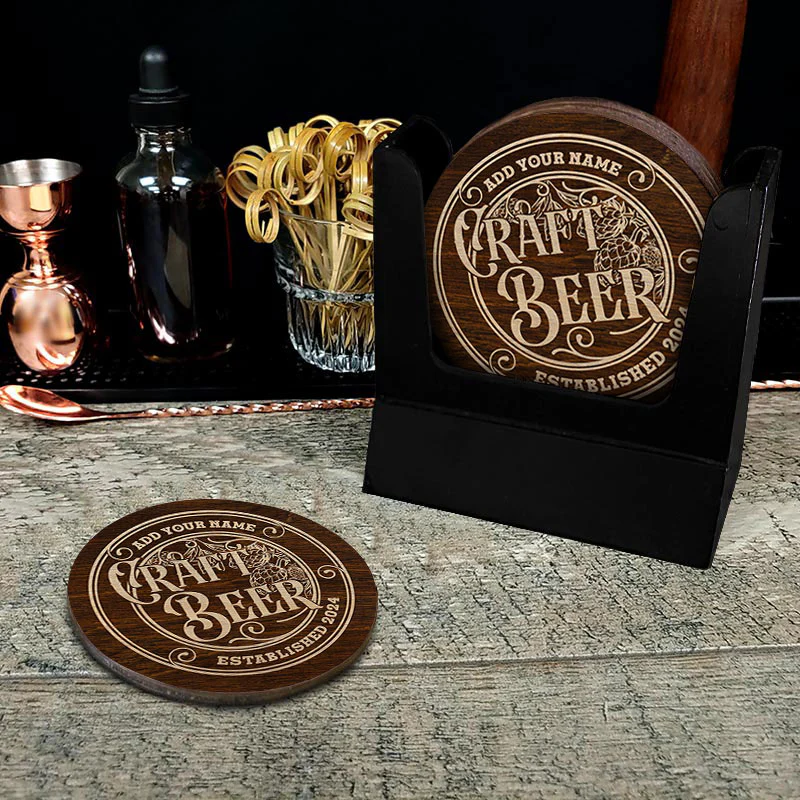 Customizable Engraved Wooden Coasters - Craft Beer Theme - Round - Set of 4 - Image 4