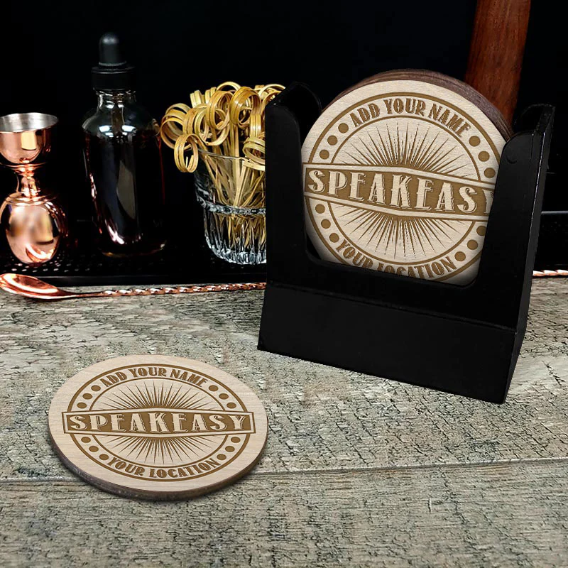 Customizable Engraved Wooden Coasters - Speakeasy Theme - Round - Set of 4 - Image 2