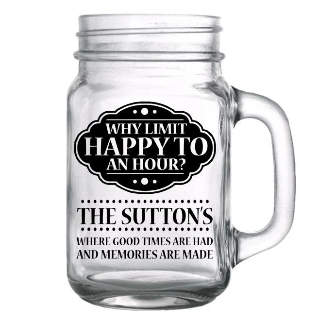 CUSTOMIZABLE Mason Jar with Handle - Happy Hour - 16oz