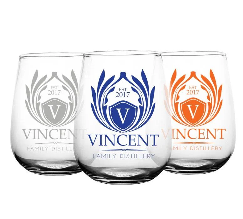 CUSTOMIZABLE Stemless Wine Glass - Crest Design 1 - 17 ounce