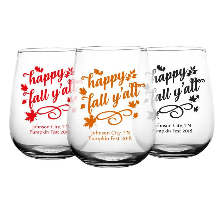 CUSTOMIZABLE Stemless Wine Glass - Happy Fall Y'all - 17 ounce