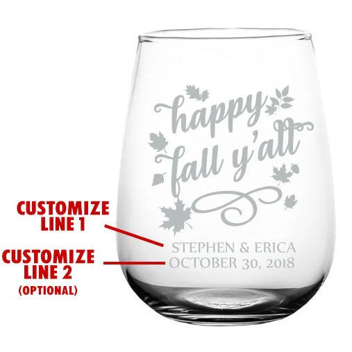 CUSTOMIZABLE Stemless Wine Glass - Happy Fall Y'all - 17 ounce - Image 2