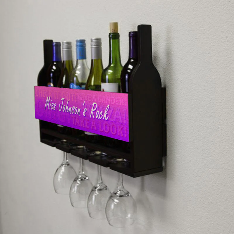 CUSTOMIZABLE Wall Mounted Wine Bottle & Glass Hanging Shelf w/ Fun Pink Plaque - Image 4