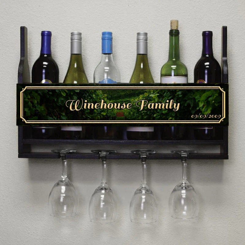 CUSTOMIZABLE Wall Mounted Wine Bottle & Glass Hanging Shelf w/ Painted Vineyard Plaque - Image 2