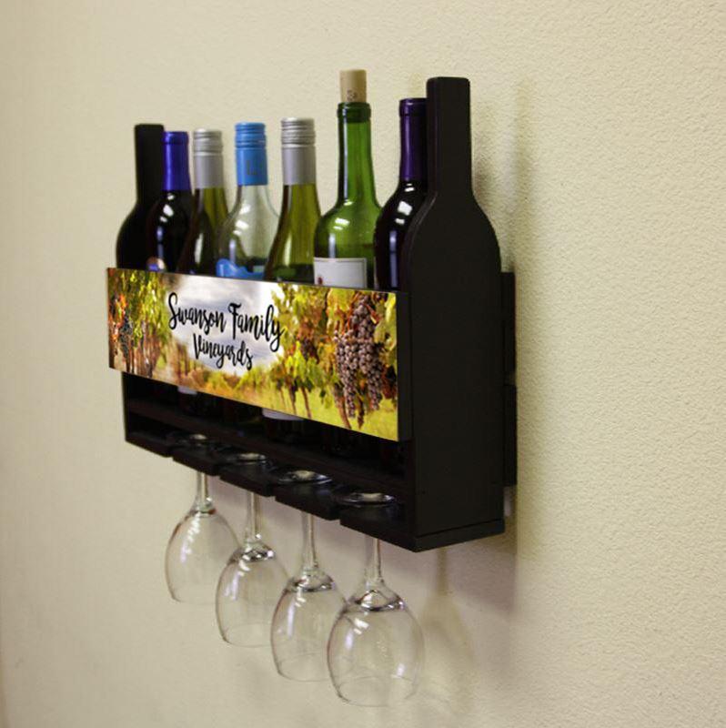 CUSTOMIZABLE Wall Mounted Wine Bottle & Glass Hanging Shelf w/ Vineyard Plaque - Image 3
