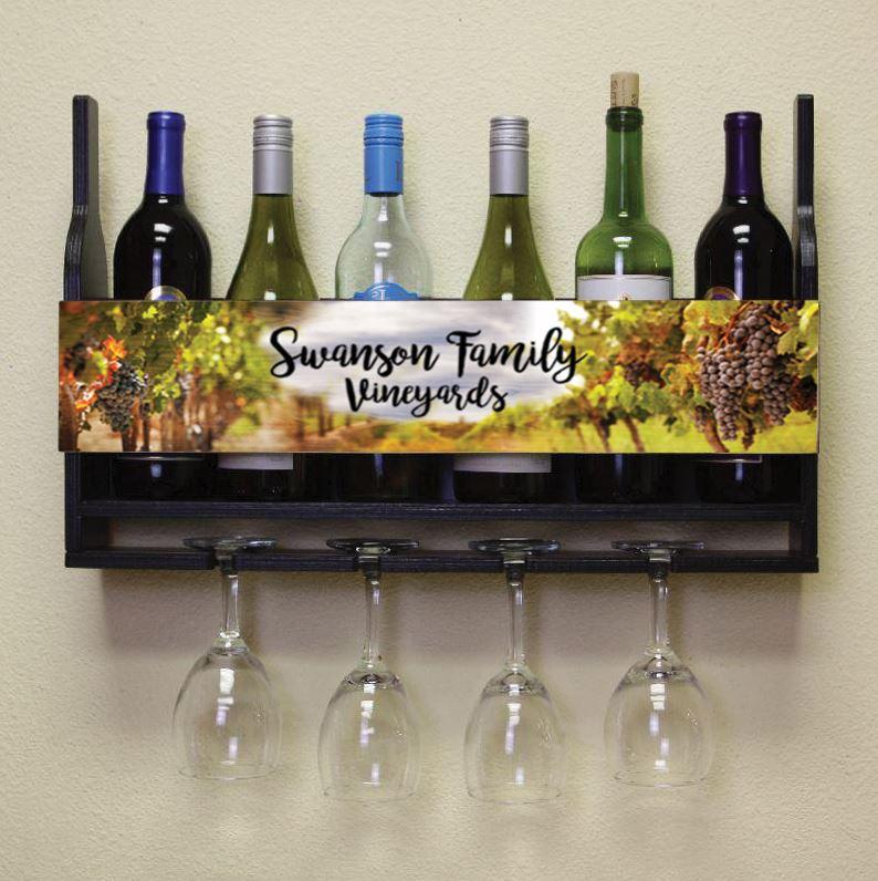 CUSTOMIZABLE Wall Mounted Wine Bottle & Glass Hanging Shelf w/ Vineyard Plaque - Image 5