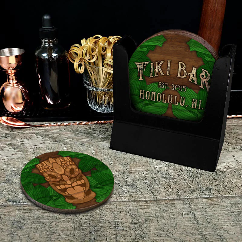 Customizable Wooden Coasters - Tiki Leaves - Round - Set of 4 - Image 2
