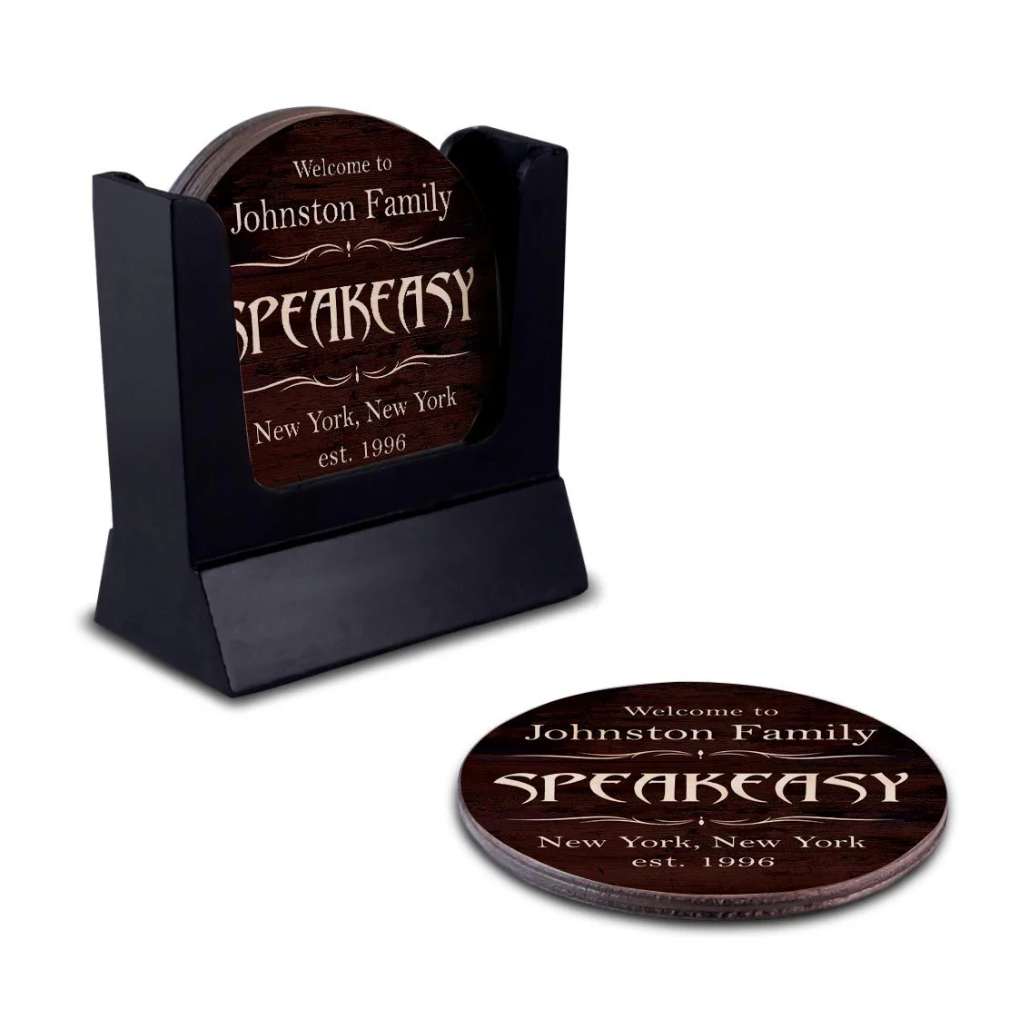 Customizable Wooden Coasters - Speakeasy Theme - Round - Set of 4 - Image 4