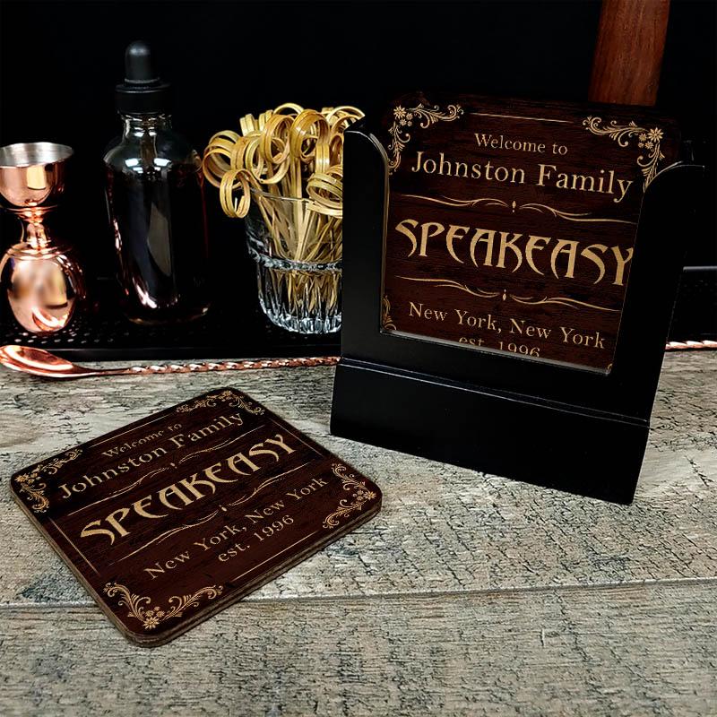 Customizable Wooden Square Coasters - Speakeasy - Set of 4 - Image 2