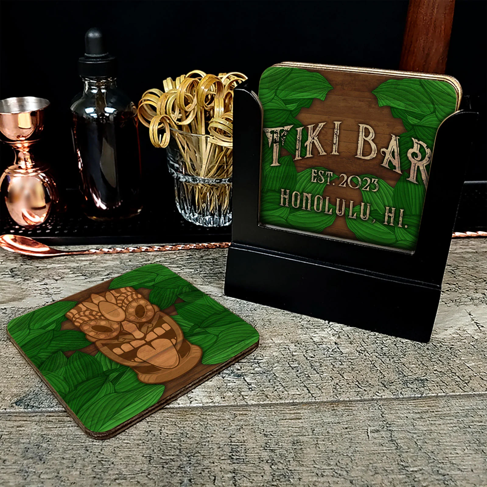 Customizable Wooden Square Coasters - Tiki Leaves - Set of 4 - Image 2