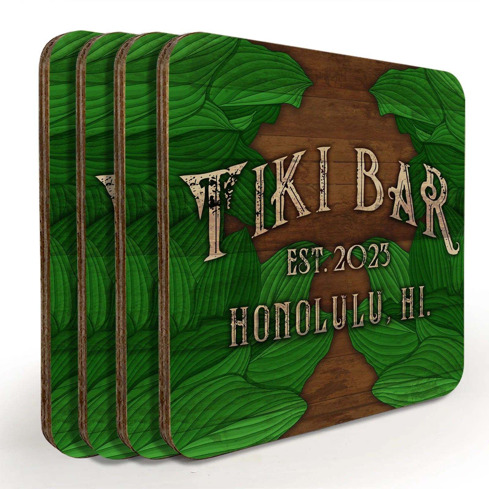 Customizable Wooden Square Coasters - Tiki Leaves - Set of 4 - Image 3