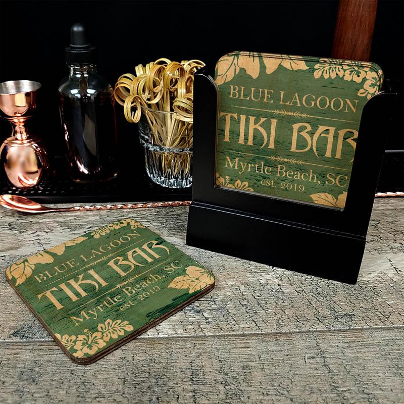 Customizable Wooden Square Coasters - Tiki Theme - Set of 4 - Image 2