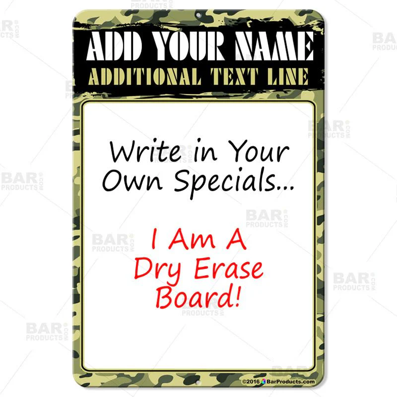 Dry Erase Specials Sign - ADD YOUR NAME - Camouflage Pattern Template