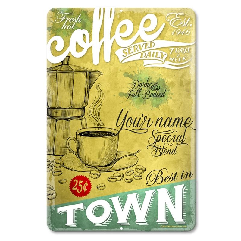 Fresh Hot Coffee - CUSTOMIZABLE Vintage Metal Bar Sign - 12" x 18"