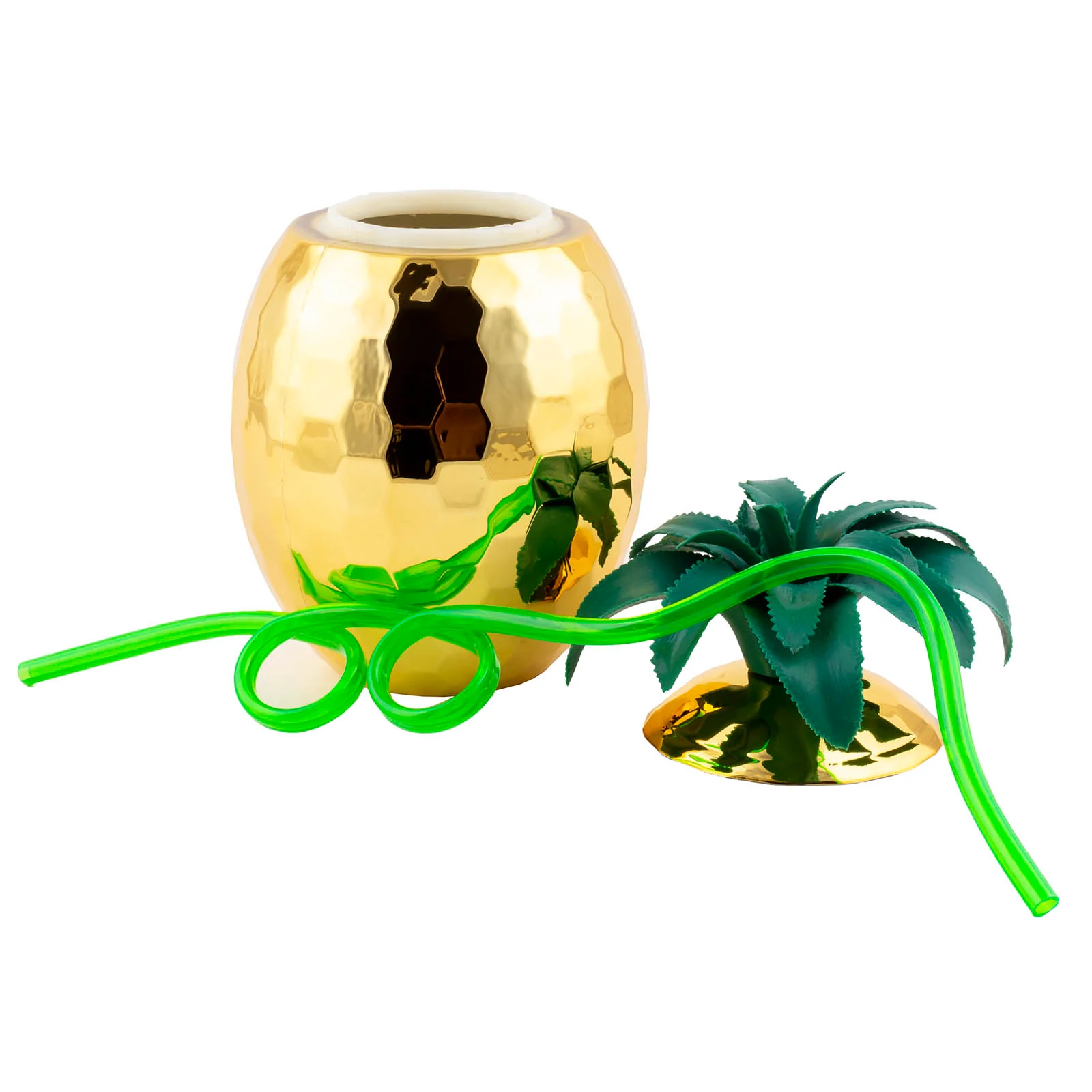 Plastic Gold Pineapple Drinking Cup w/ Straw and Lid - 28oz - Image 3