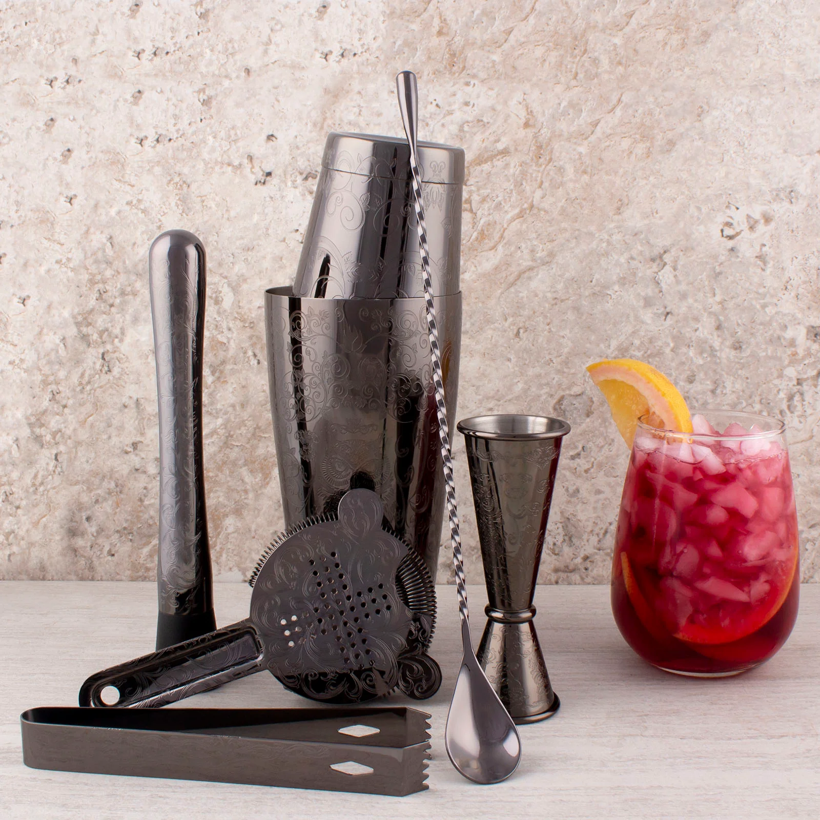 Gun Metal - Olea Etched 7 piece Bar Set - Image 2