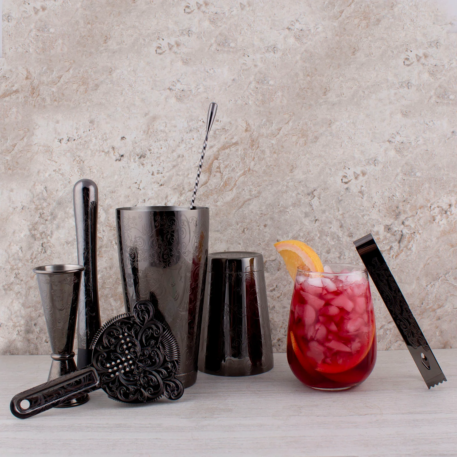 Gun Metal - Olea Etched 7 piece Bar Set - Image 4