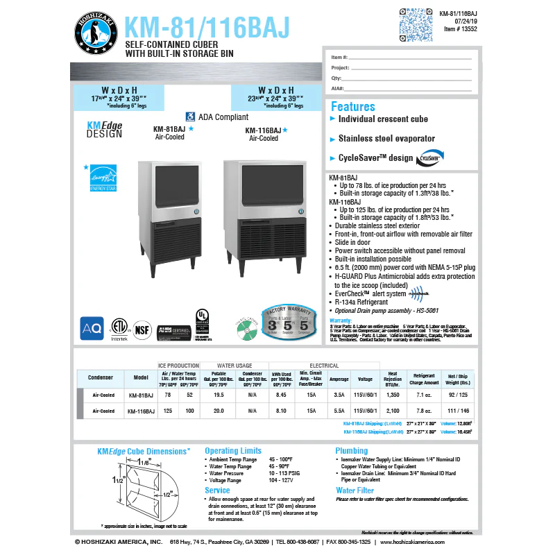 Hoshizaki 78lbs. Crescent Cube - UnderCounter Air Cooled - Ice Maker - Image 4