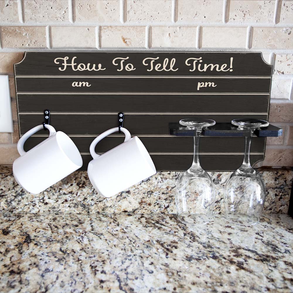 "How To Tell Time" Coffee Mug and Wine Glass Holder - Painted Background (Multiple Color Options)