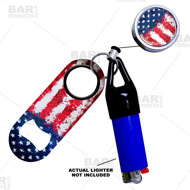 Retractable Reel, Mini Bottle Opener and Lighter Leash® Clug SET - US Grunge Flag