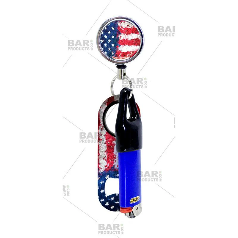 Retractable Reel, Mini Bottle Opener and Lighter Leash® Clug SET - US Grunge Flag - Image 2
