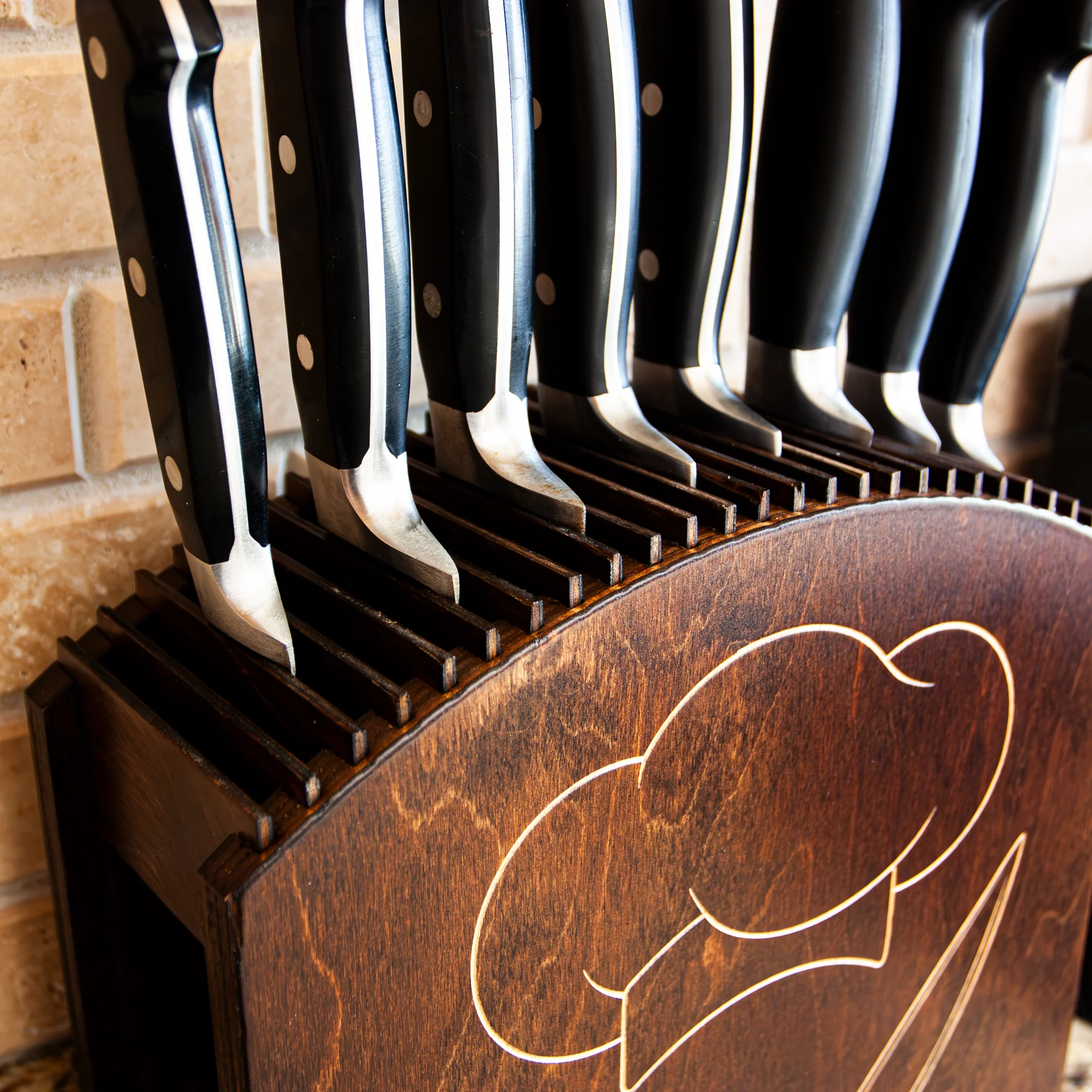 Laser Engraved Knife Block - Dark Stain - Chef Hat - Handcrafted in the USA - Image 3