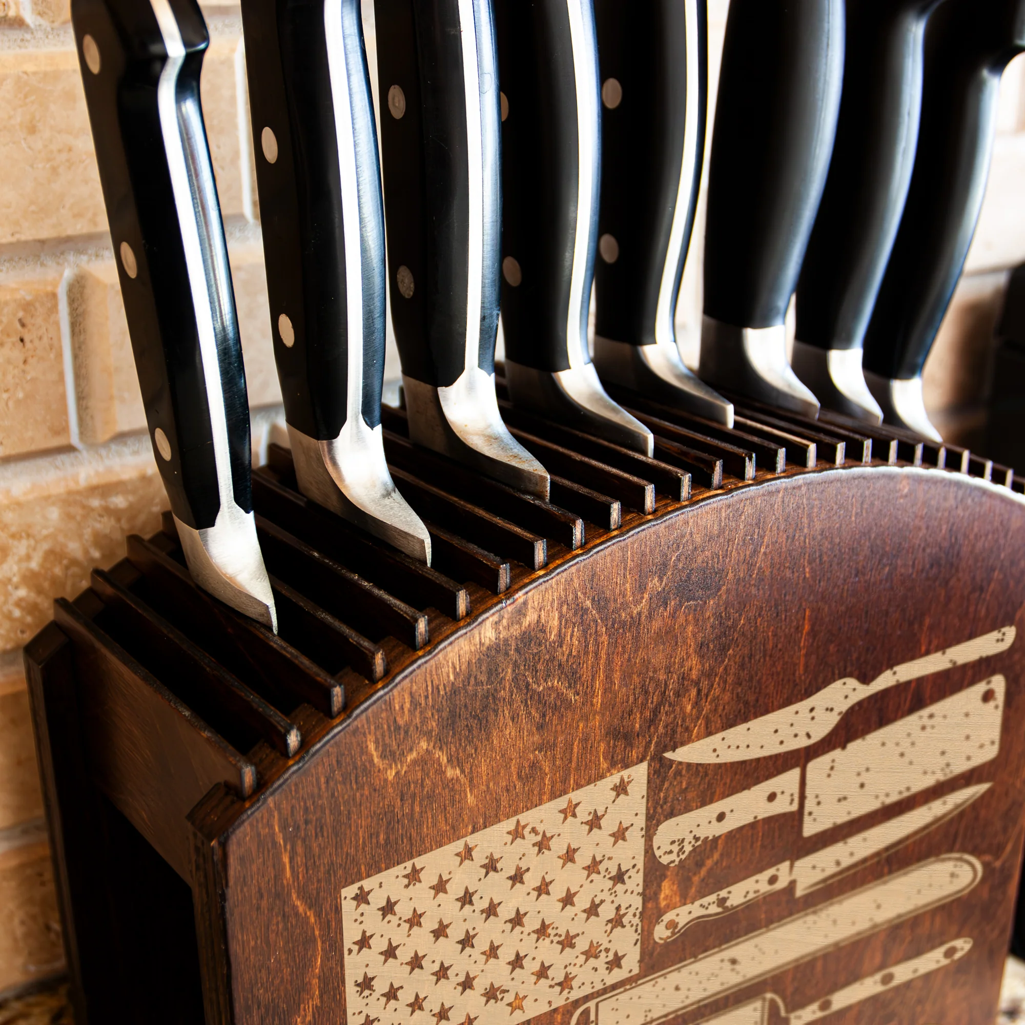 Laser Engraved Knife Block - Dark Stain - Culinary American Flag - Handcrafted in the USA - Image 3