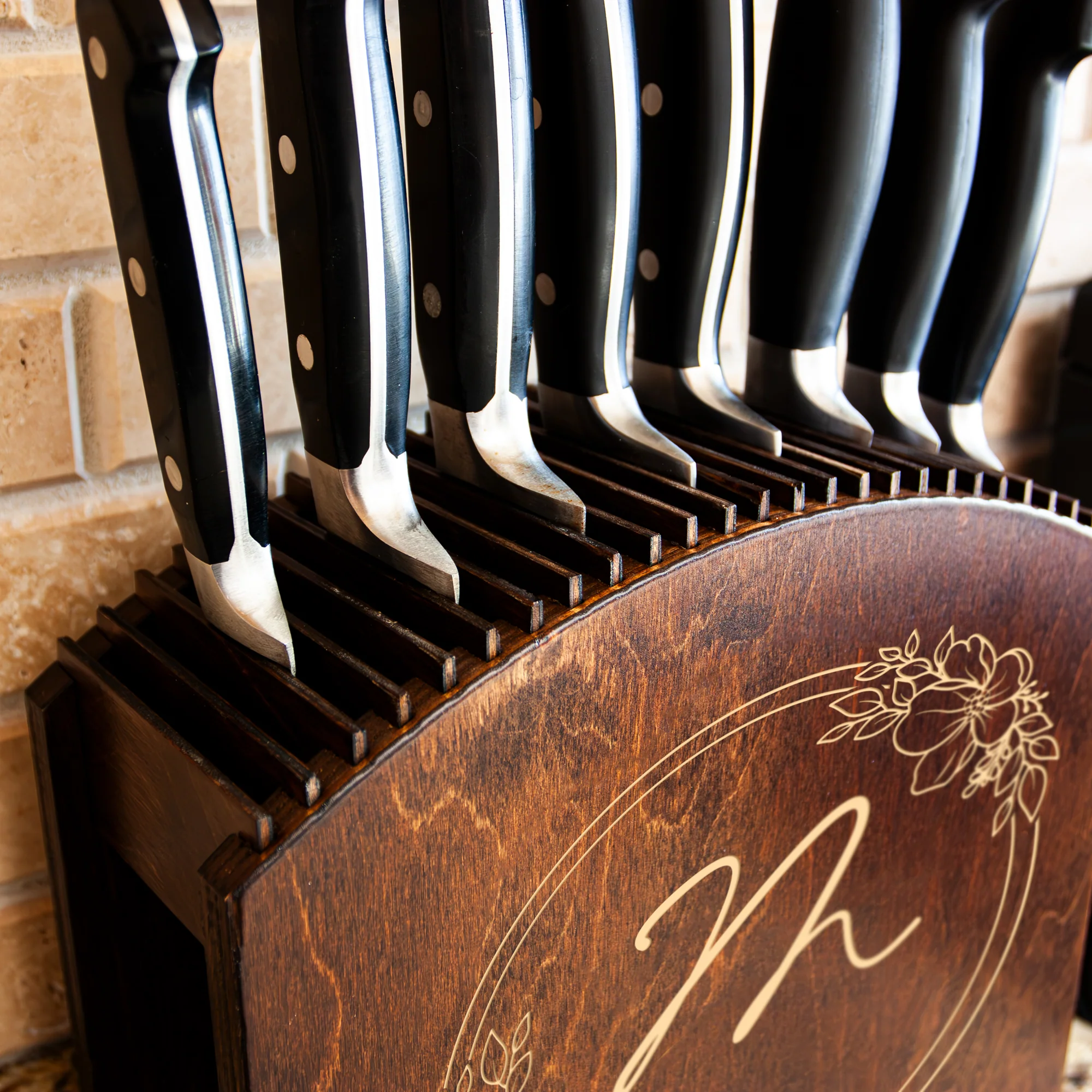 Laser Engraved Knife Block - Dark Stain - Customizable Floral Monogram - Handcrafted in the USA - Image 3