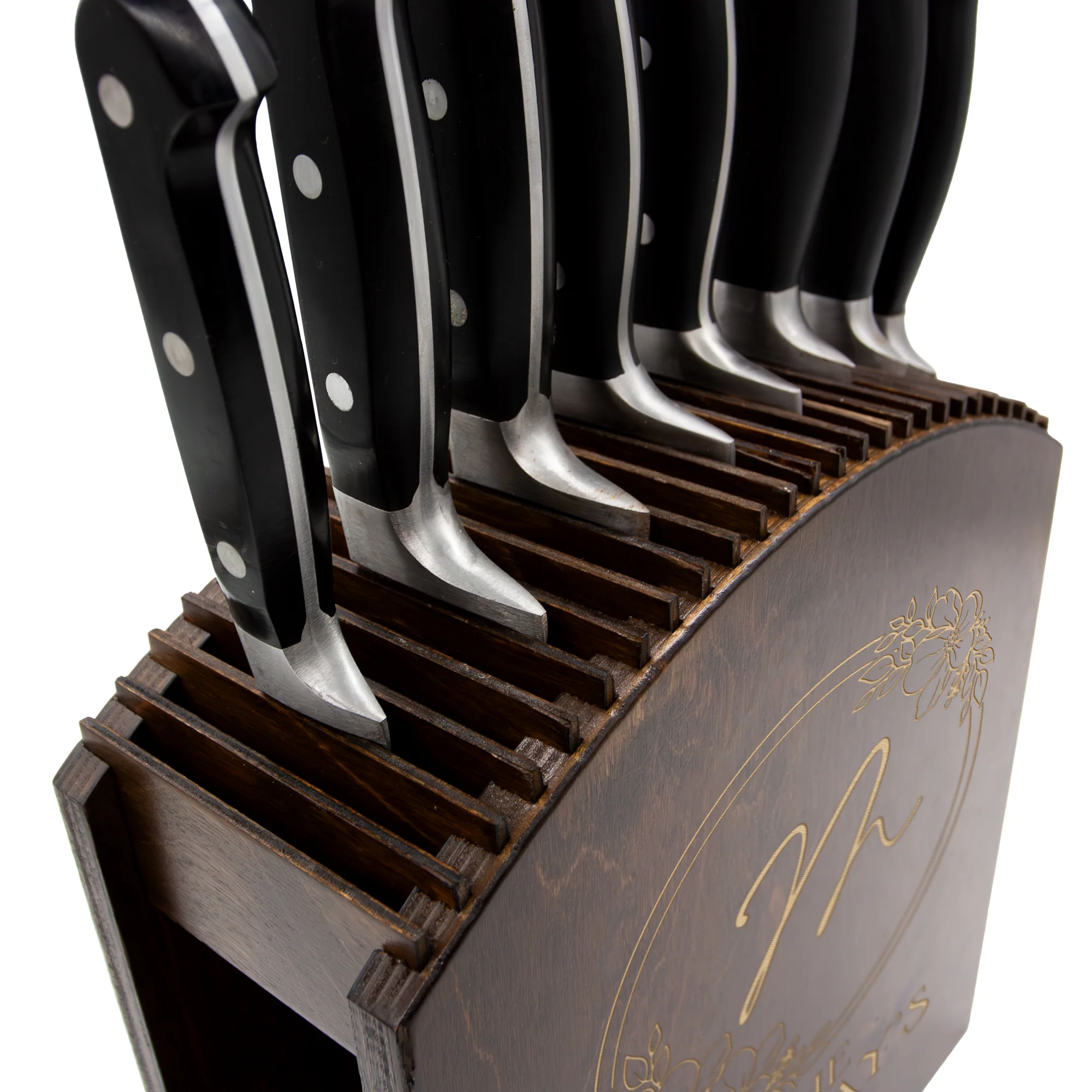 Laser Engraved Knife Block - Dark Stain - Customizable Floral Monogram - Handcrafted in the USA - Image 6
