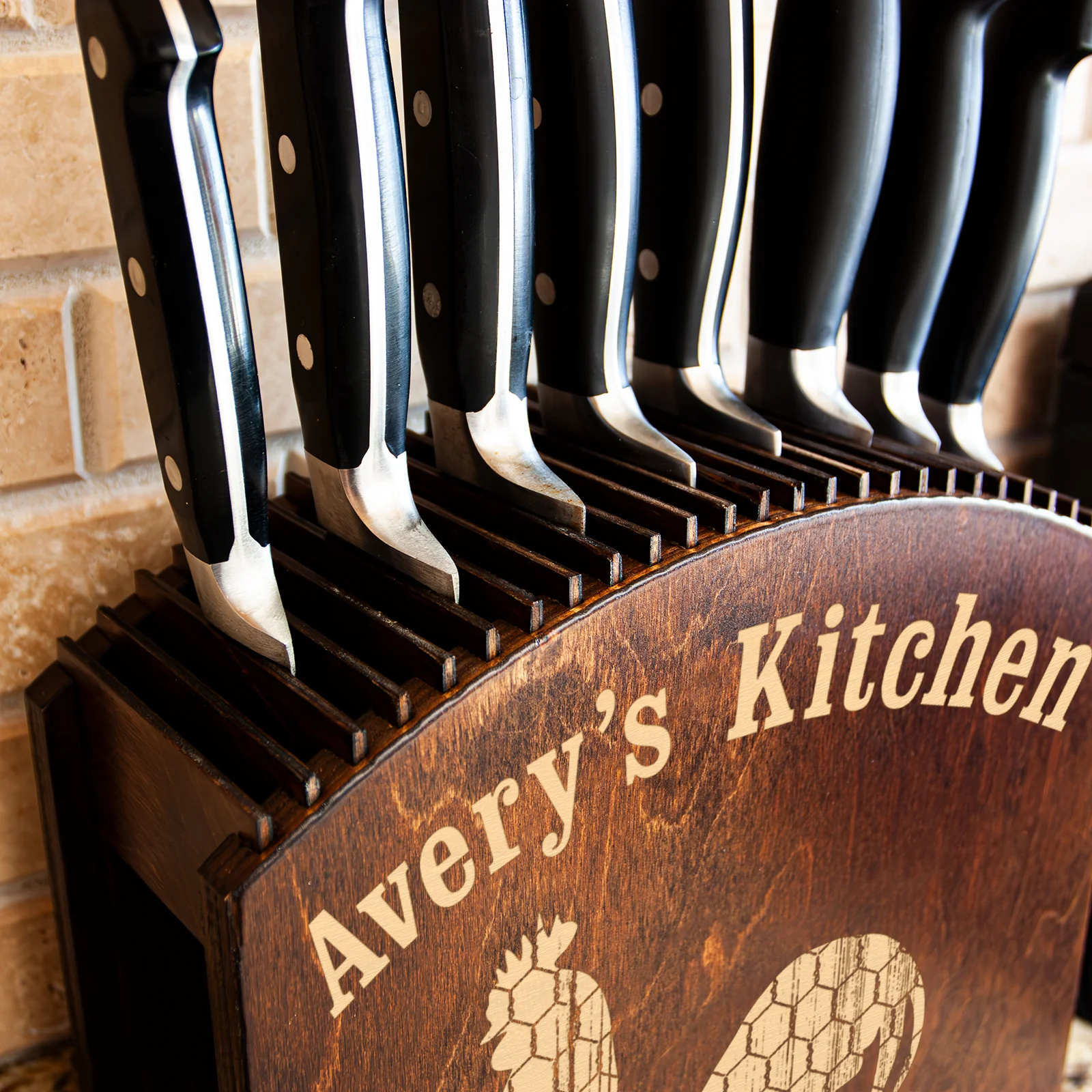 Laser Engraved Knife Block - Dark Stain - Customizable Rooster Design - Handcrafted in the USA - Image 3