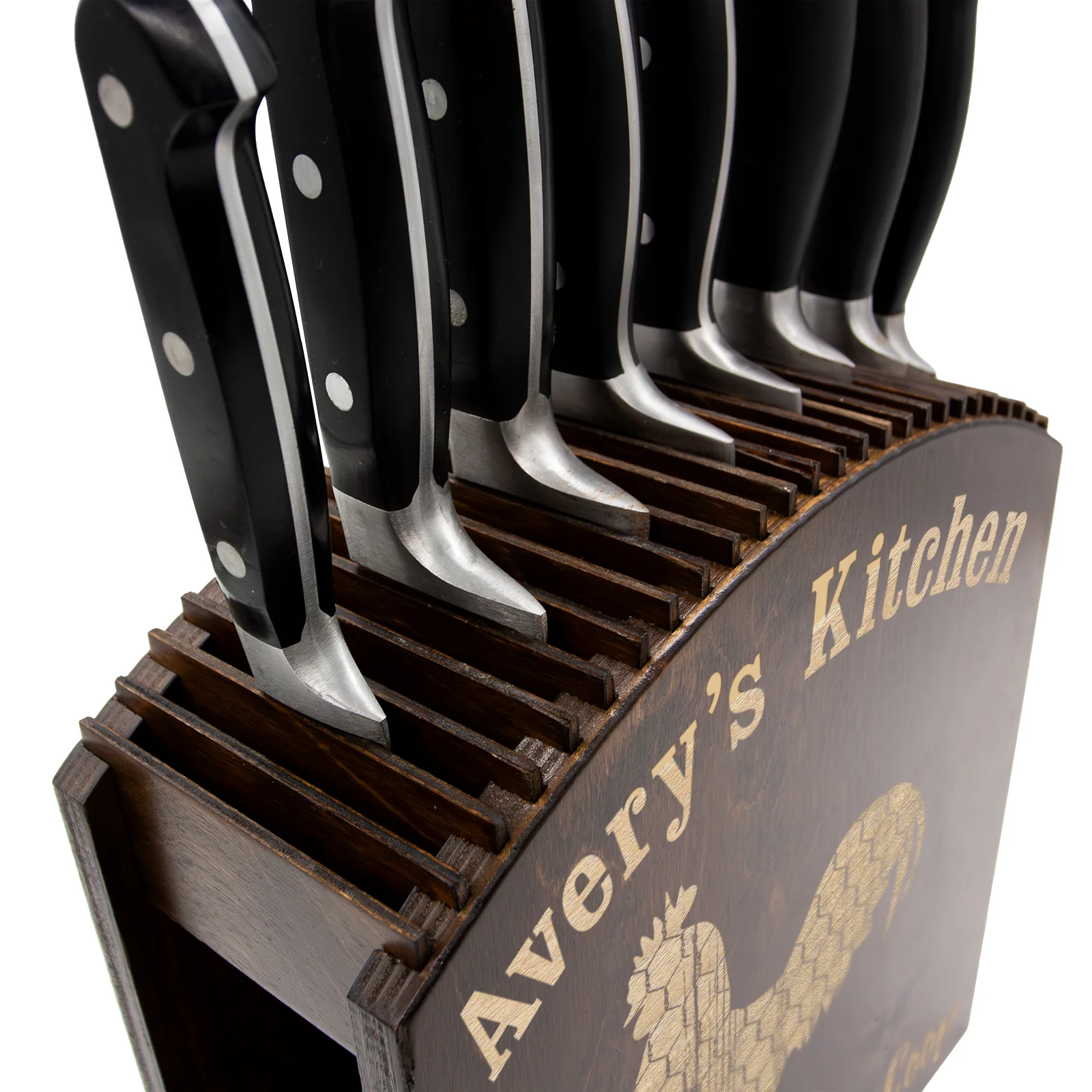 Laser Engraved Knife Block - Dark Stain - Customizable Rooster Design - Handcrafted in the USA - Image 4