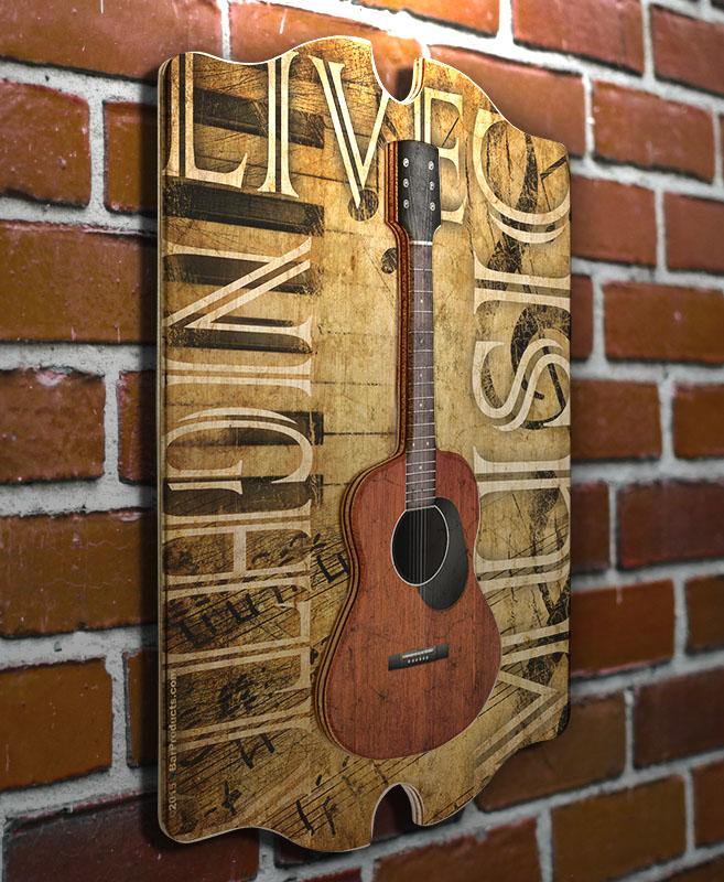 Live Music Nightly - 3D Wooden Guitar Tavern Sign - Image 2