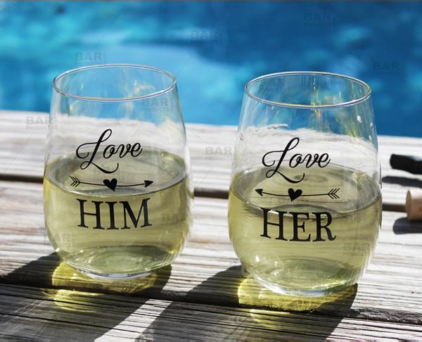 Love Him, Love Her Stemless Wine Glass Set - Image 3