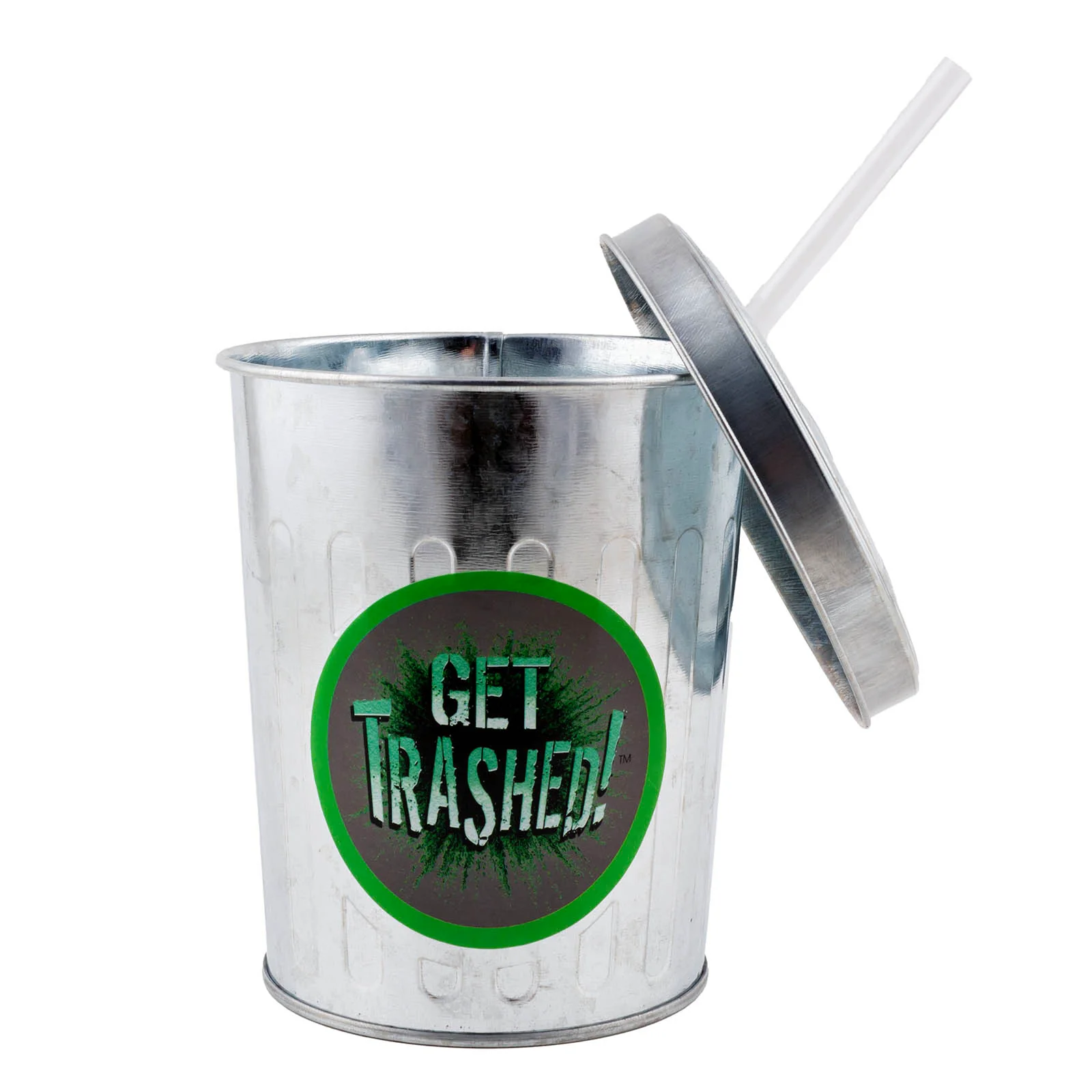 Metal Trash Can Drinking Cup w/ Straw and Lid - 30oz - Image 3