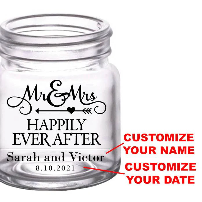 Mini Mason Jar Shot Glass - Mr. and Mrs. Happily - CUSTOMIZABLE - 2oz Clear - Image 2