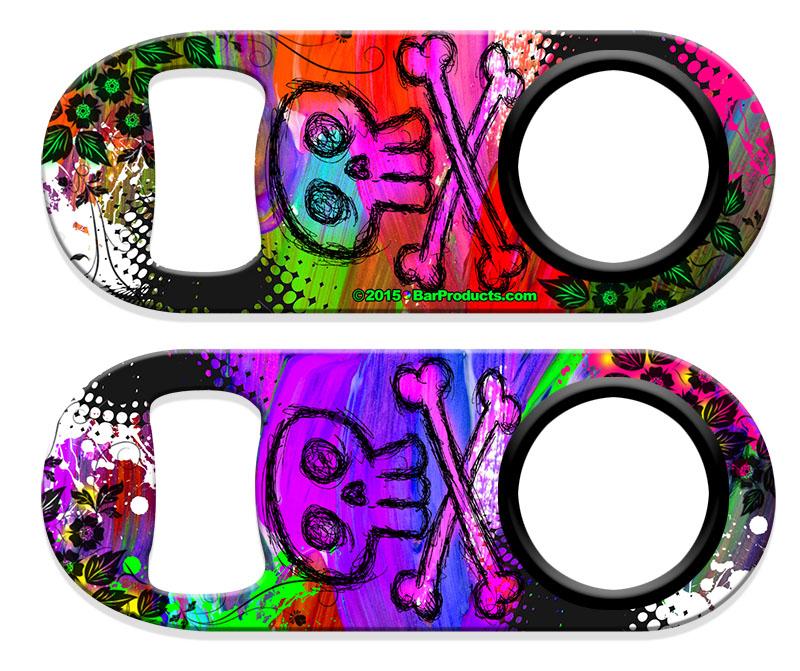 Kolorcoat™ Mini Bottle Opener with Retractable Reel - Colorful Skull and Crossbones - Image 3