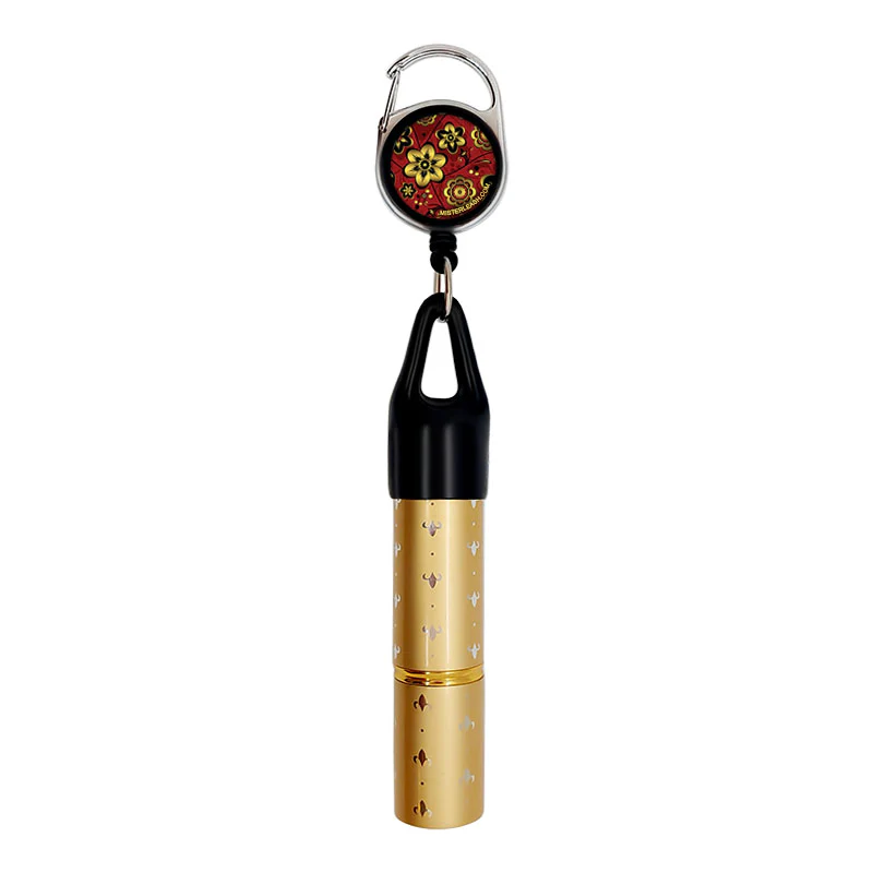 Mister Leash™ - Retractable Clip-on Atomizer for Hand Sanitizers - Red and Gold Floral Design - Refillable - Image 3