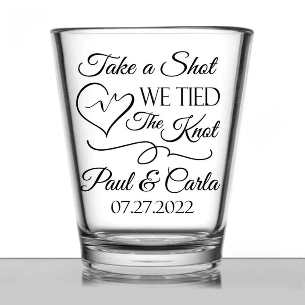 Personalized Wedding Shot Glasses, Take A Shot We Tied The Knot - Scribble Heart
