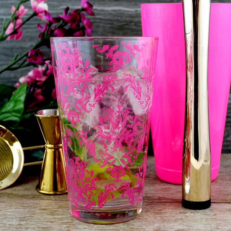 Pink Cocktail Themed Damask Mixing Glass - 16oz - Image 4
