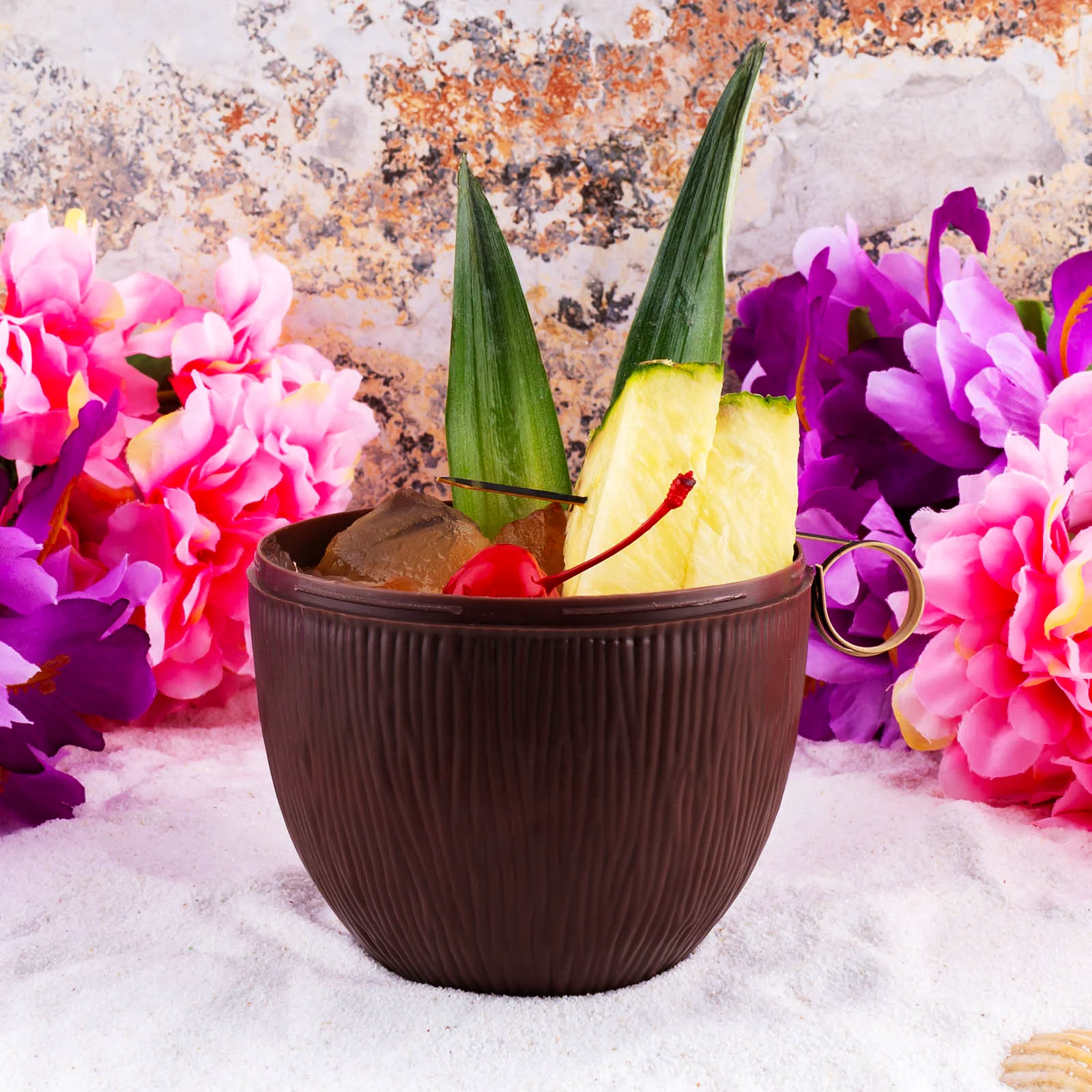 Plastic Coconut Cup w/ Colorful Flower Straw - 12 Pack - Image 2