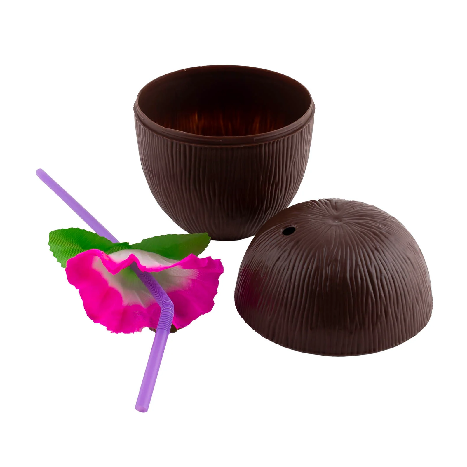 Plastic Coconut Cup w/ Colorful Flower Straw - 12 Pack - Image 3