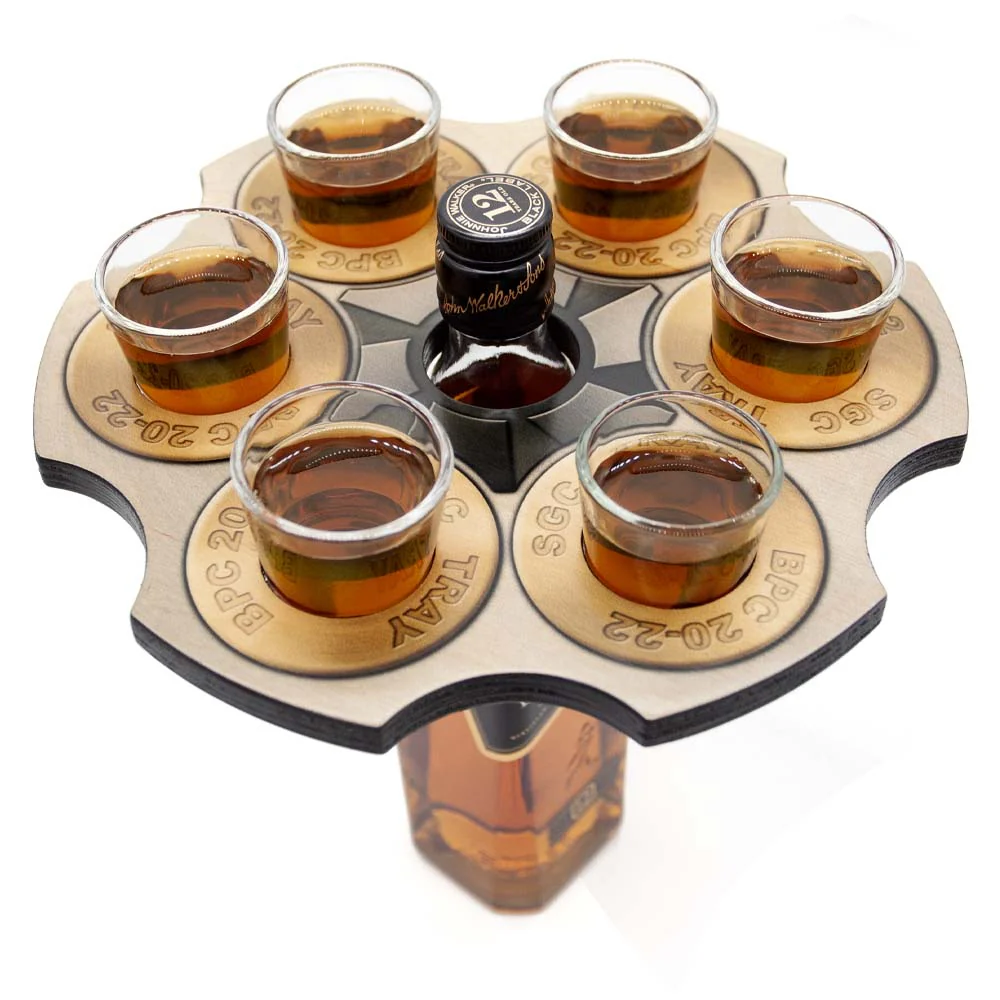 6-Shooter Wood Shot Glass Serving Tray and Bottle Topper - "Revolver Cylinder"