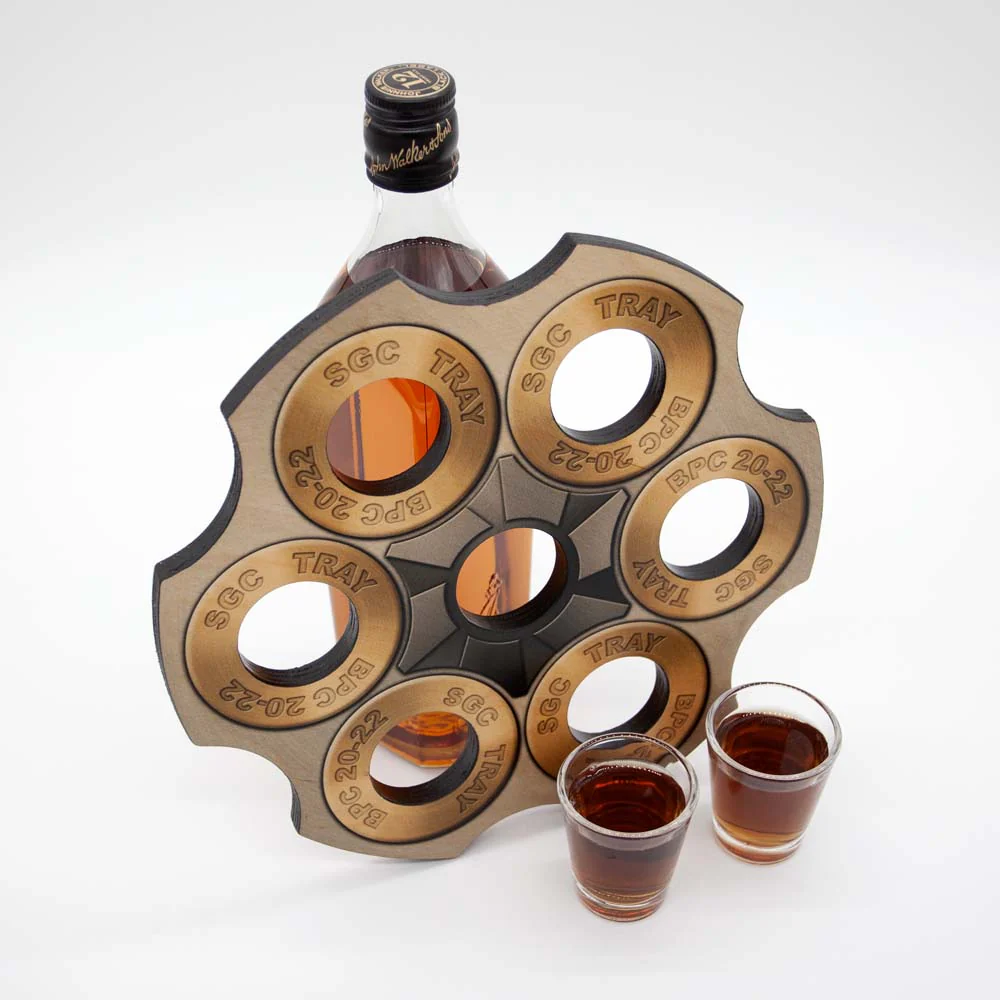 6-Shooter Wood Shot Glass Serving Tray and Bottle Topper - "Revolver Cylinder" - Image 2